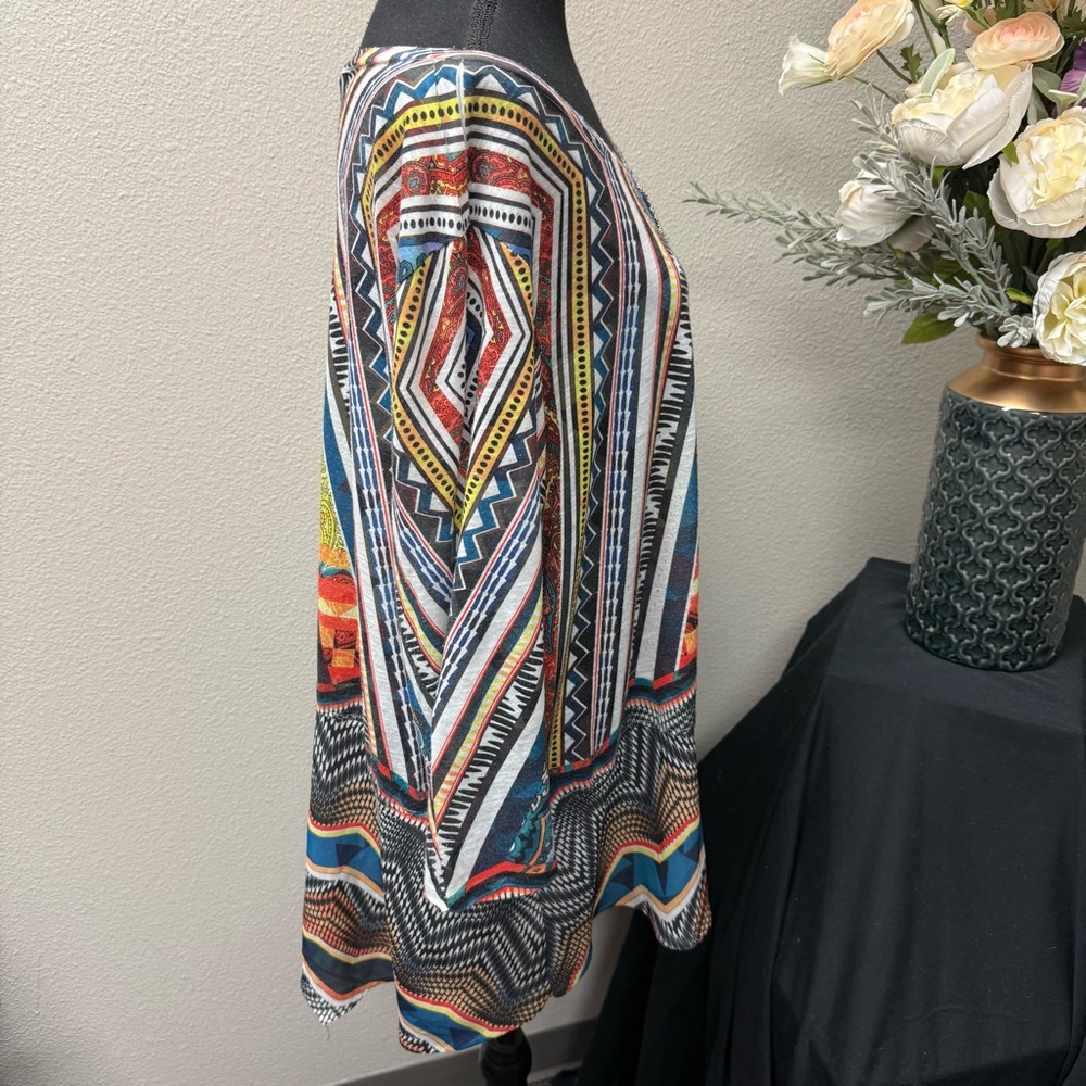 French Blue Boho Tunic Top 3X | Multicolor Aztec Print Fall Festival Blouse - Picture 5 of 8